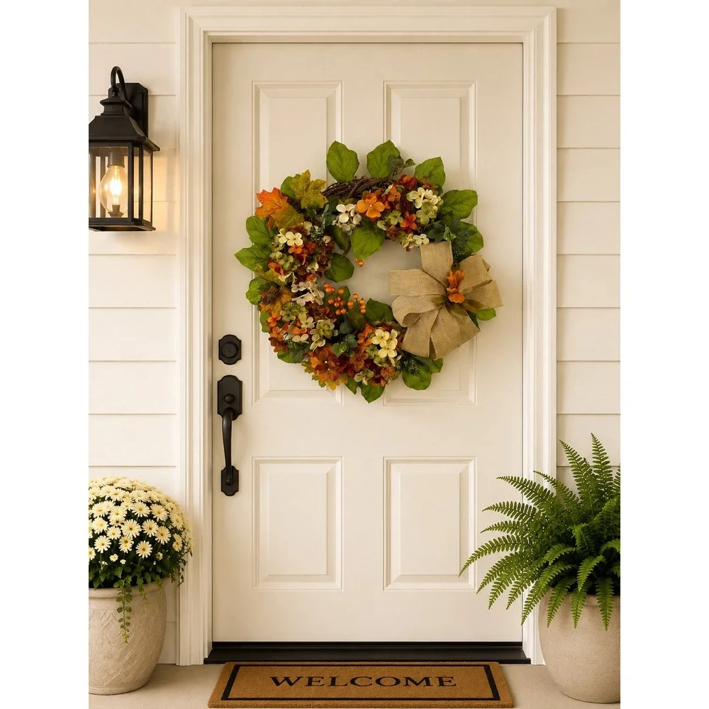 Fall Grapevine Wreath Orange Hydrangea Burlap Bow Autumn Decor 22in